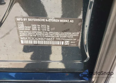 2019 BMW 740I from USA, damaged, VIN WBA7E2C52KB218657